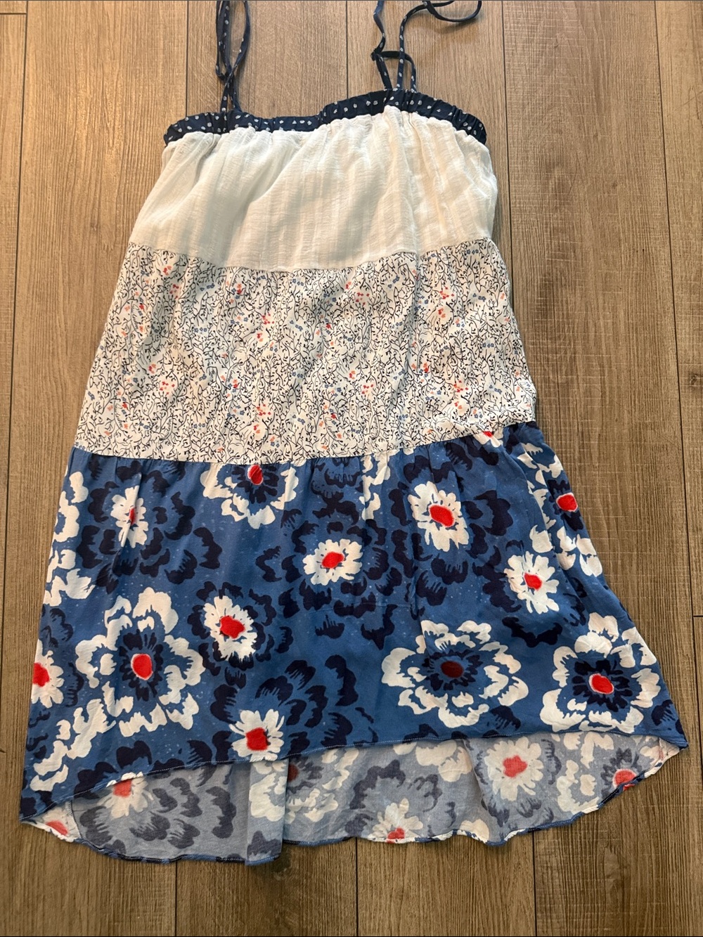 Quicksilver Sundress Small Blue White Red Floral Tiered Dress Beach